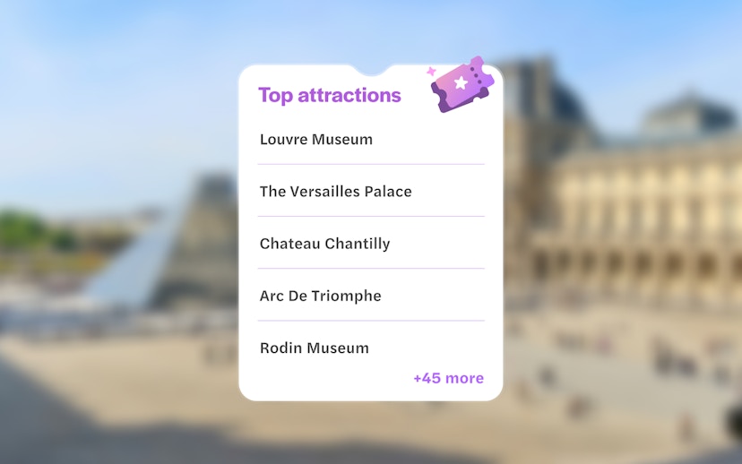 Paris Museum pass attractions list including Louvre, Versailles, Chateau Chantilly, Arc De Triomphe, Rodin Museum.