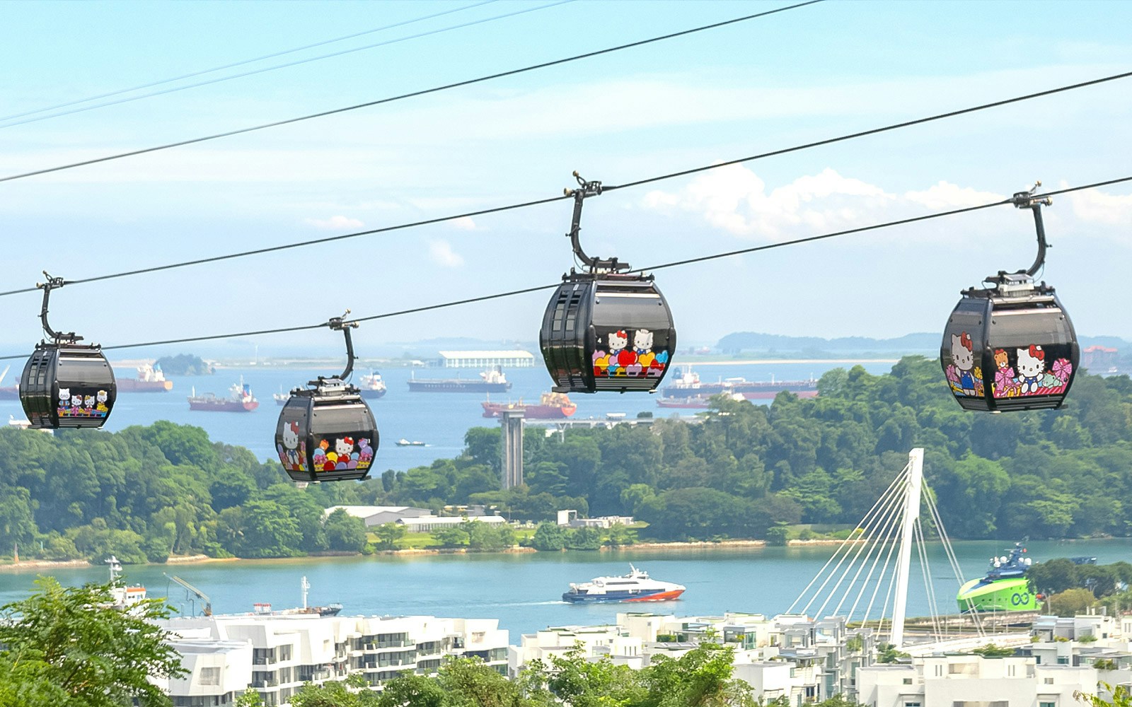 Singapore Cable Car over Sentosa Island with scenic views of the harbor and lush greenery.