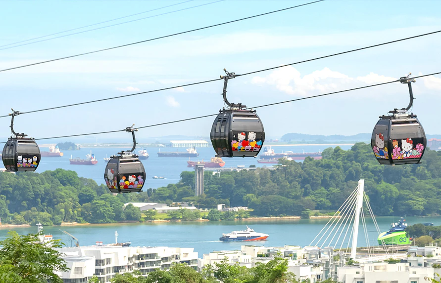 Singapore Cable Car over Sentosa Island with scenic views of the harbor and lush greenery.