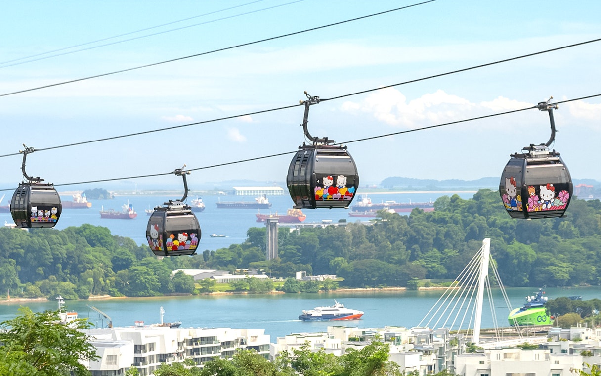 Singapore Cable Car over Sentosa Island with scenic views of the harbor and lush greenery.