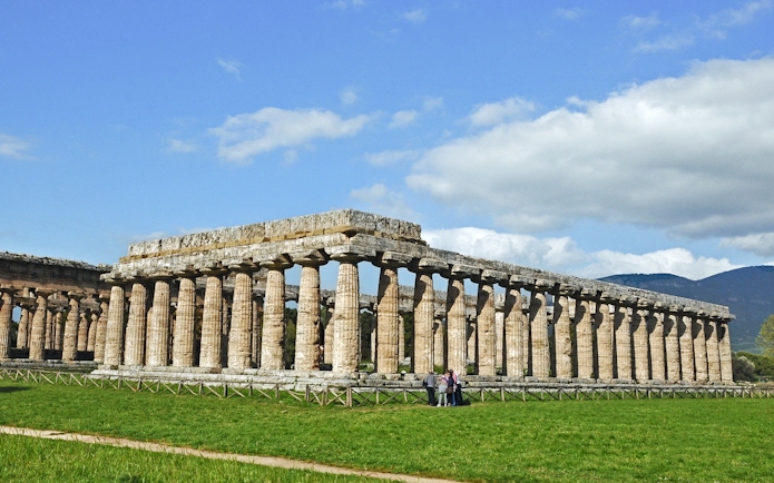 Ancient Greek temple ruins at Paestum Archaeological Park, Italy.