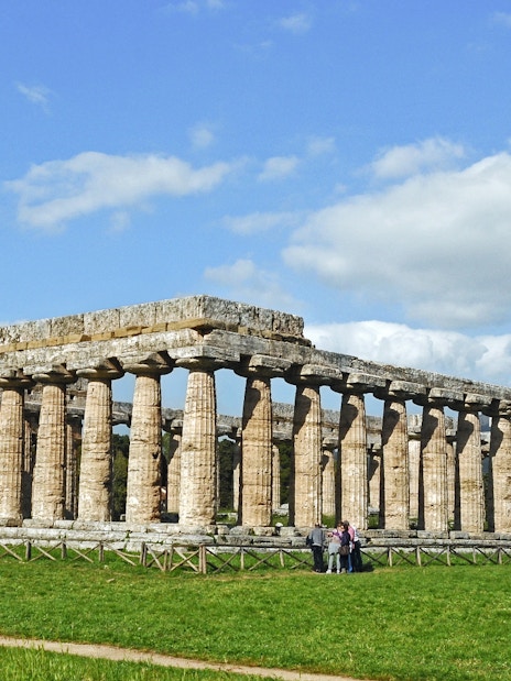 Ancient Greek temple ruins at Paestum Archaeological Park, Italy.