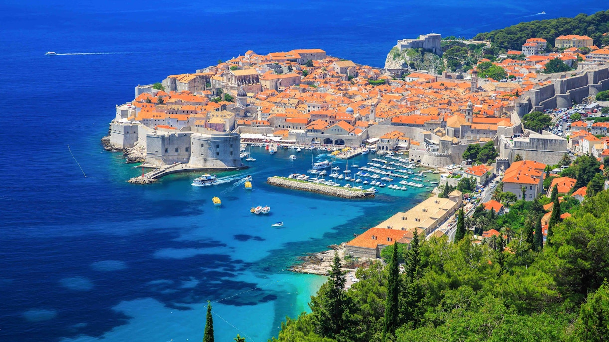 Dubrovnik coastline with historic city walls and Adriatic Sea in Croatia.