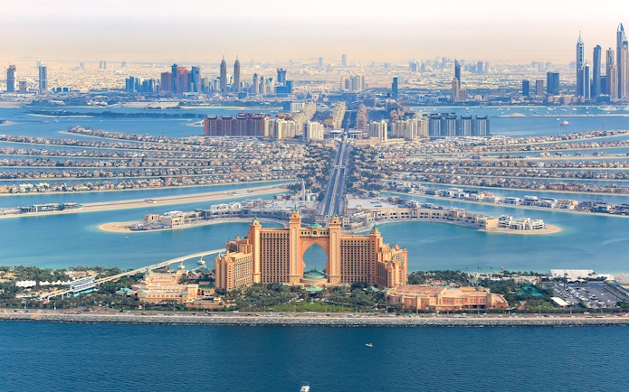 Aerial view of Palm Jumeirah and Atlantis Hotel from Dubai Helicopter tour.
