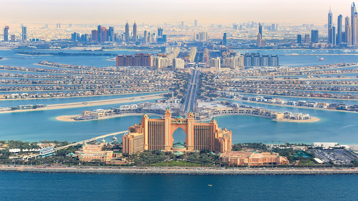 Aerial view of Palm Jumeirah and Atlantis Hotel from Dubai Helicopter tour.