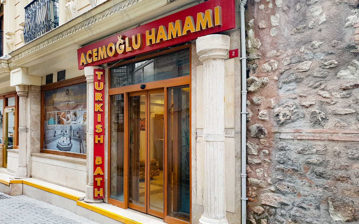 Acemoglu Hamam entrance, historic 15th-century Turkish bath with private options, Istanbul.