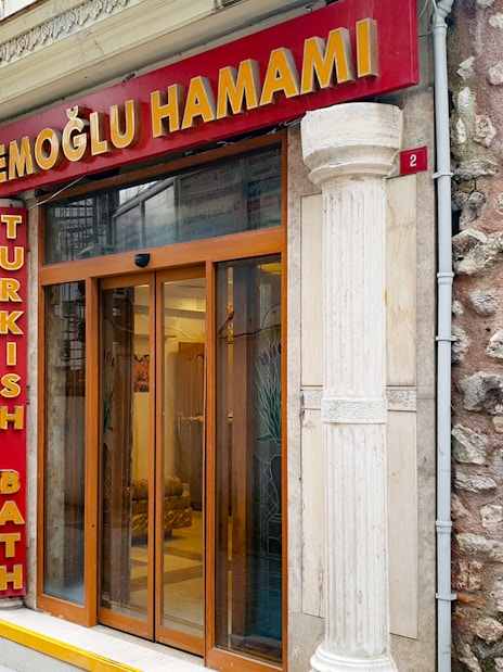 Acemoglu Hamam entrance, historic 15th-century Turkish bath with private options, Istanbul.