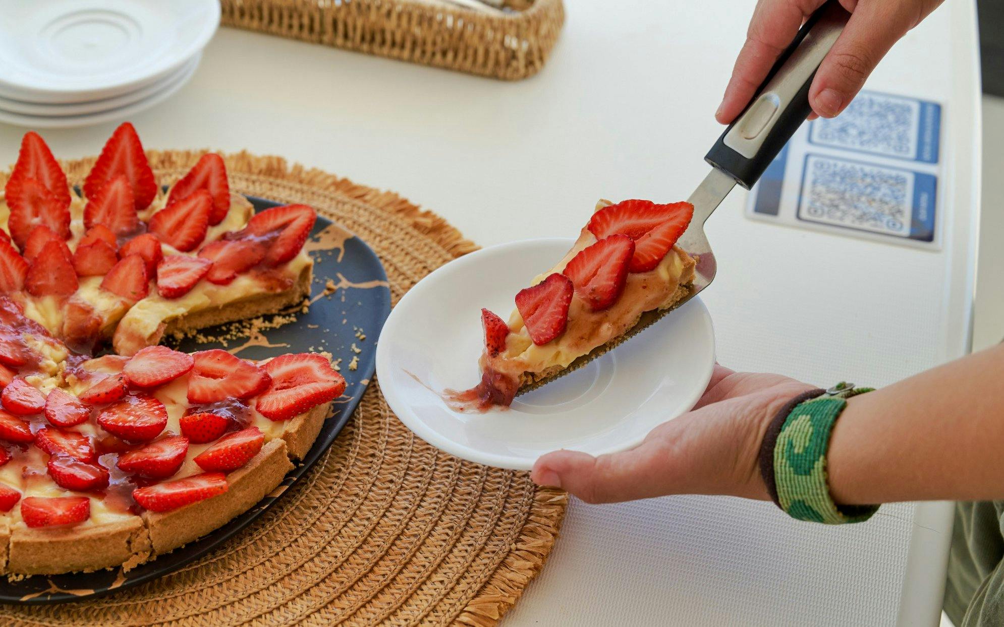 Strawberry tart served on a luxury catamaran cruise near Dia Island, Crete.