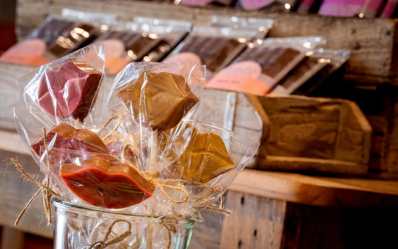 Chocolate lips on sticks in a glass jar at a shop in Port Arthur, Tasman Peninsula.