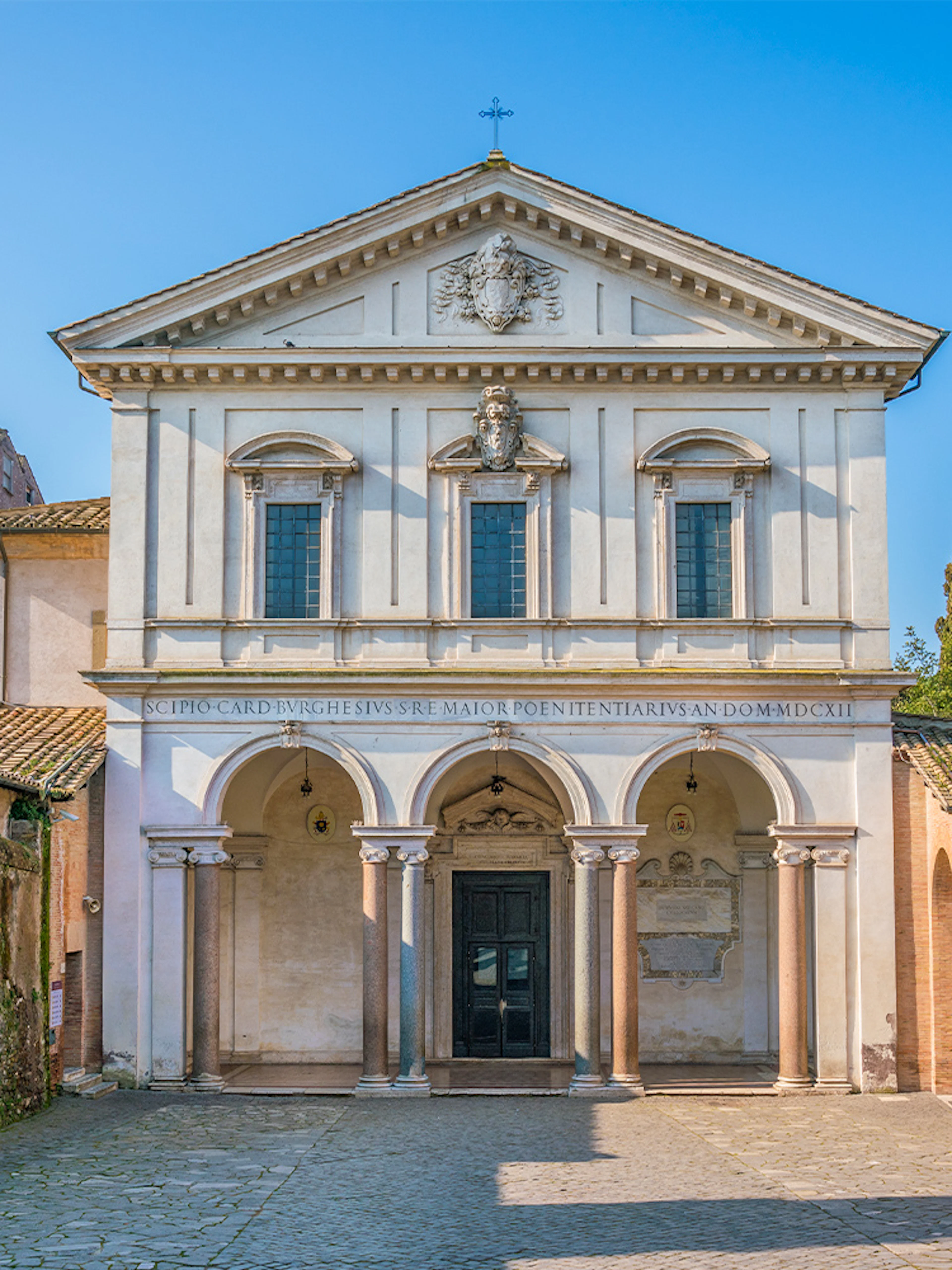 Facade of San Sebastiano Catacomb entrance in Rome, Italy, with historical architecture.