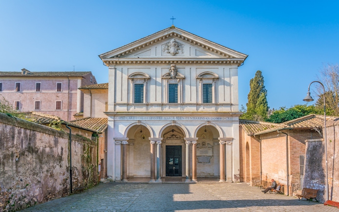 Facade of San Sebastiano Catacomb entrance in Rome, Italy, with historical architecture.