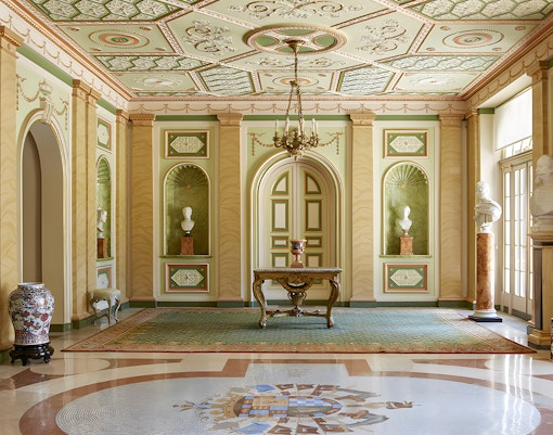 Liria Palace interior with ornate ceiling and chandeliers, Madrid.