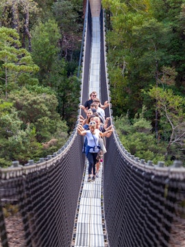 Visitors crossing a suspension bridge at Tahune Airwalk, Tasmania.