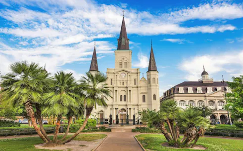 St. Louis Cathedral with palm trees in Jackson Square, New Orleans.