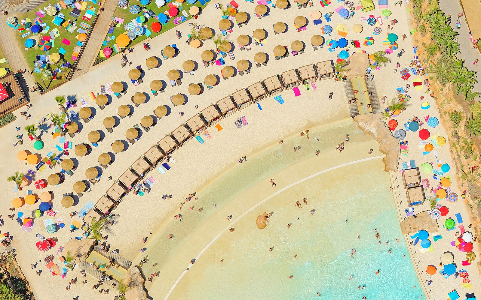 Aerial view of Zoomarine Algarve beach with water slides and pools in Portugal.