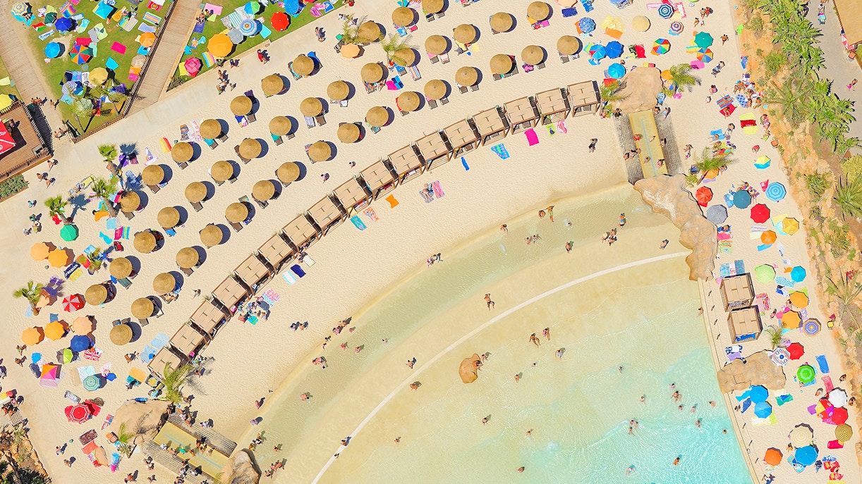 Aerial view of Zoomarine Algarve beach with water slides and pools in Portugal.