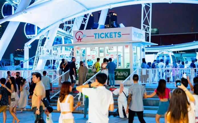 Ticket counter for Asiatique Sky Ferris wheel at Asiatique The Riverfront, Bangkok, Thailand.