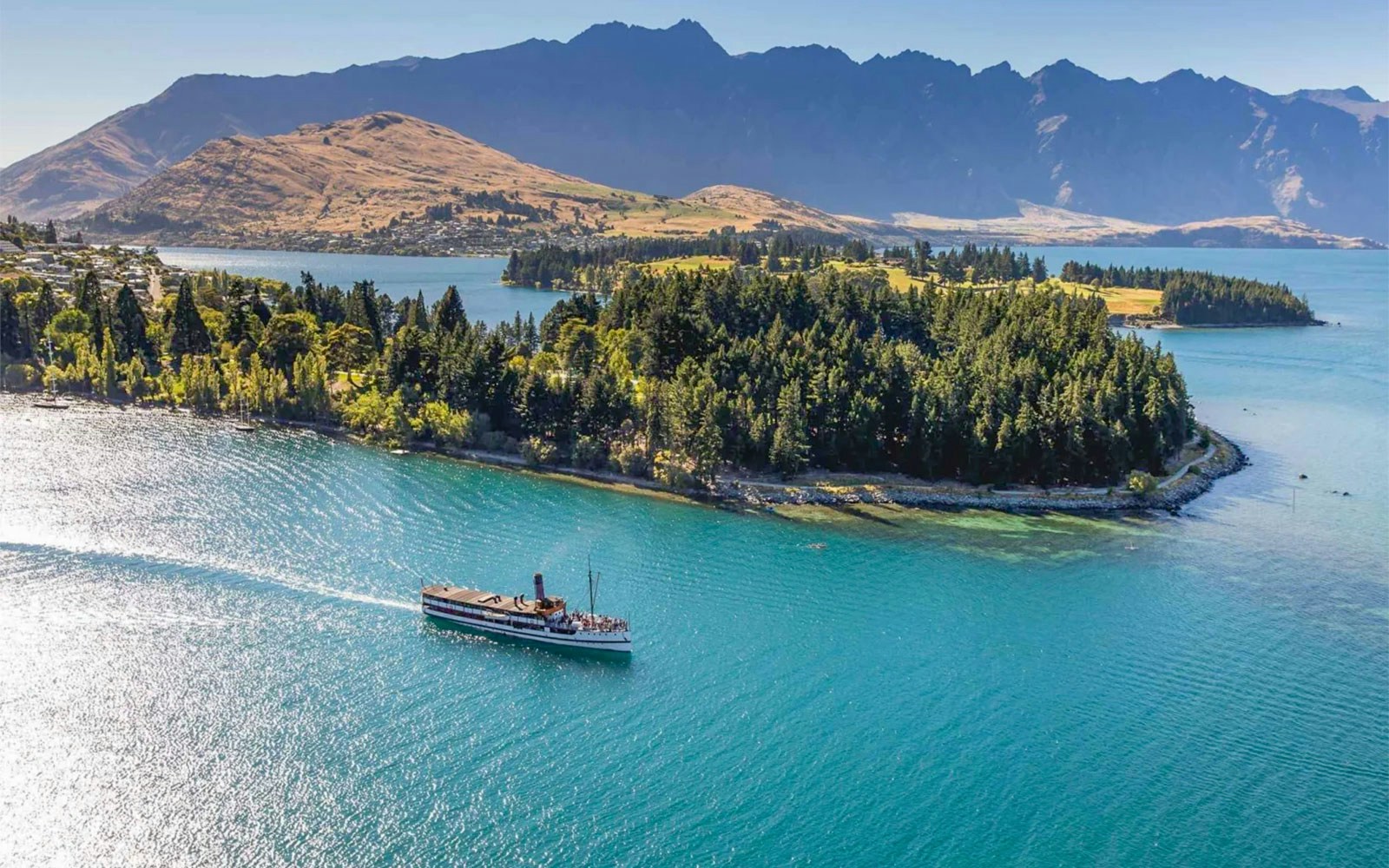 TSS Earnslaw steamship cruising Lake Wakatipu towards Walter Peak, New Zealand.