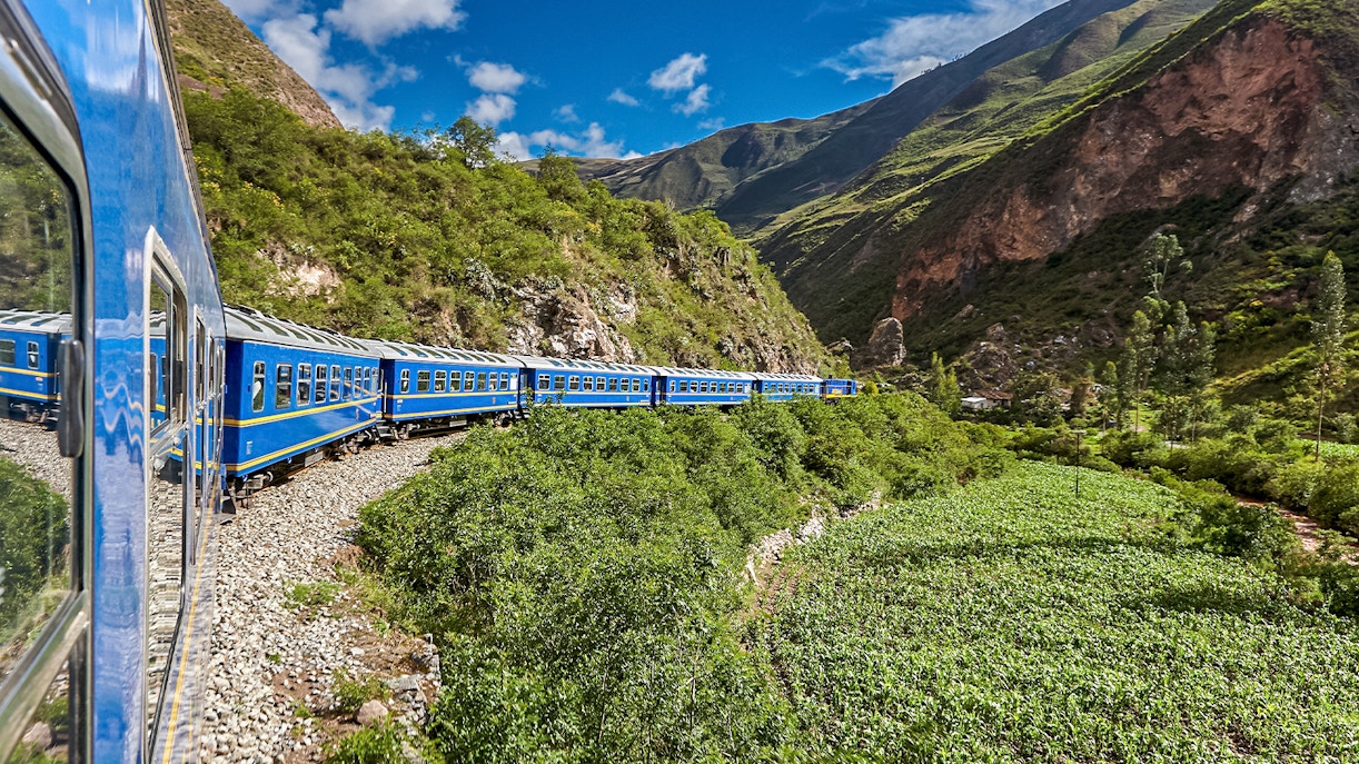 Train traveling through the Andes mountains near Cusco, Peru, en route to Machu Picchu.