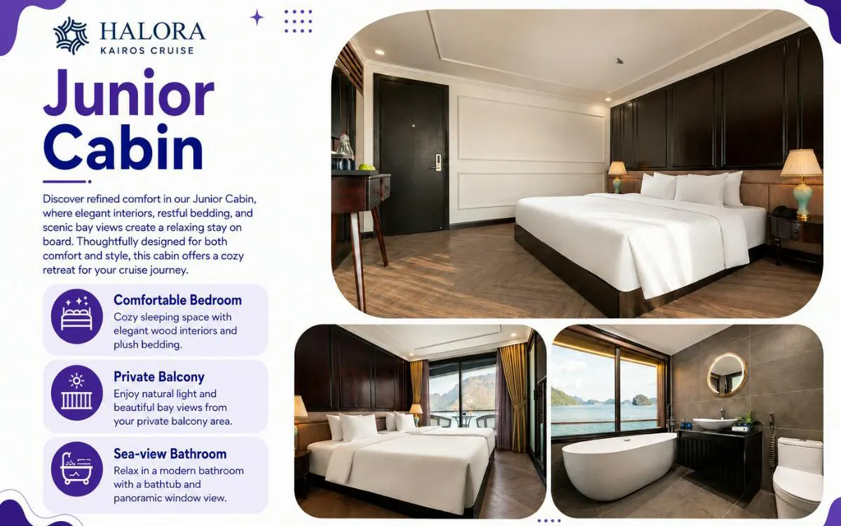 Junior cabin with bed, private balcony, and sea-view bathroom on Lan Ha Bay 5-star cruise.