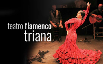 Flamenco dancer performing at Teatro Flamenco Triana with musicians in the background.