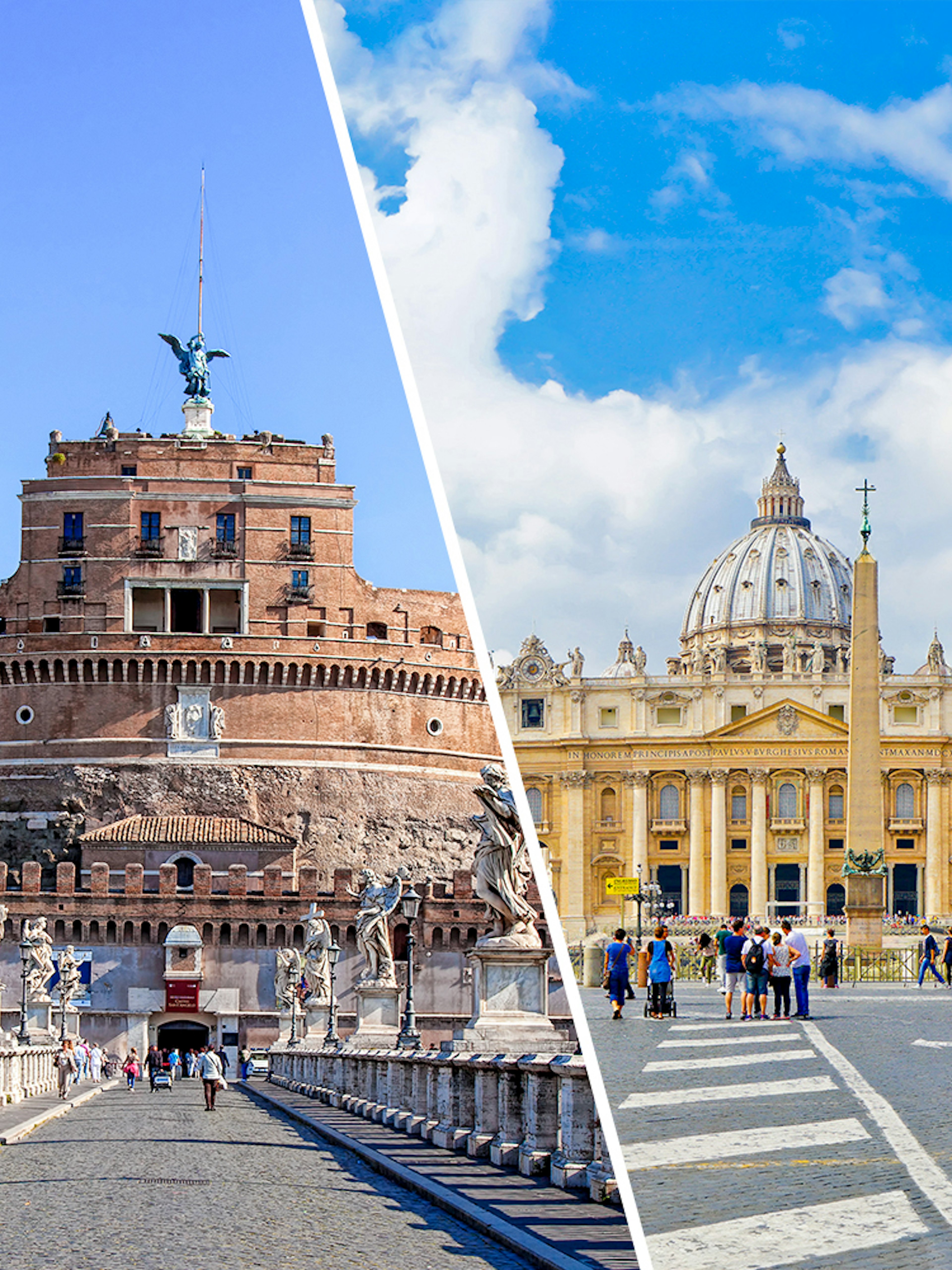 Castel Sant'Angelo and St. Peter's Basilica in Rome, Italy, with tourists exploring.