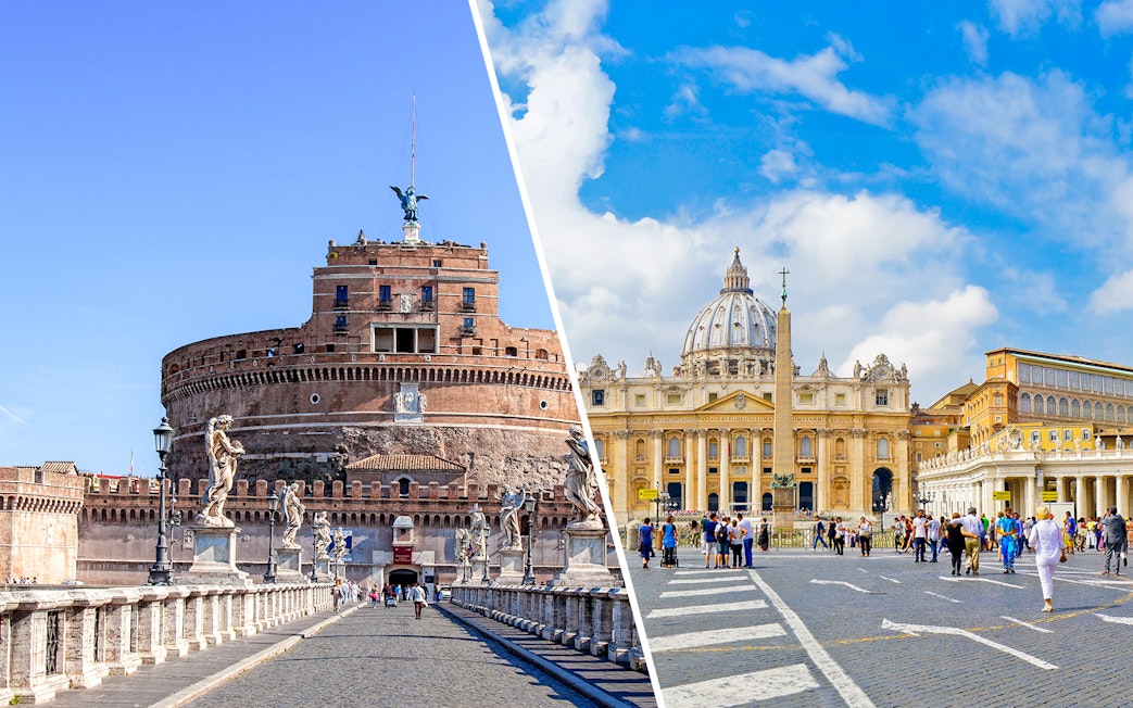 Castel Sant'Angelo and St. Peter's Basilica in Rome, Italy, with tourists exploring.