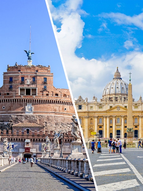 Castel Sant'Angelo and St. Peter's Basilica in Rome, Italy, with tourists exploring.