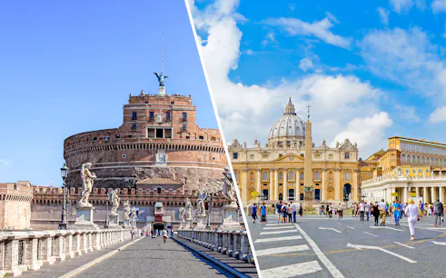 Castel Sant'Angelo and St. Peter's Basilica in Rome, Italy, with tourists exploring.