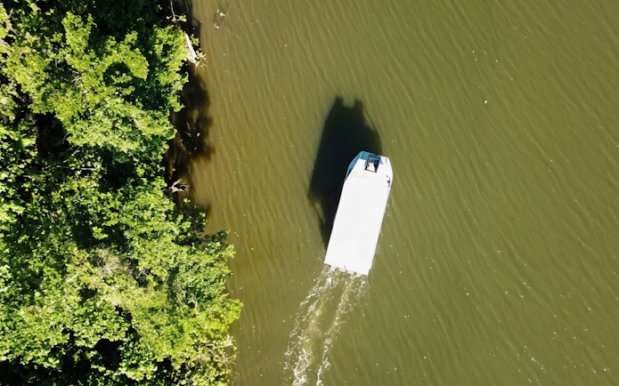 Boat cruising on Daintree River near lush greenery, Bruce Belchers Daintree River Cruises.