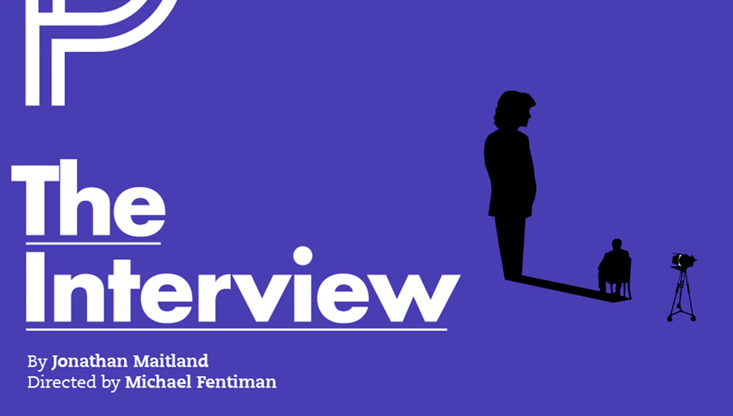 The Interview" play poster with silhouettes and camera.