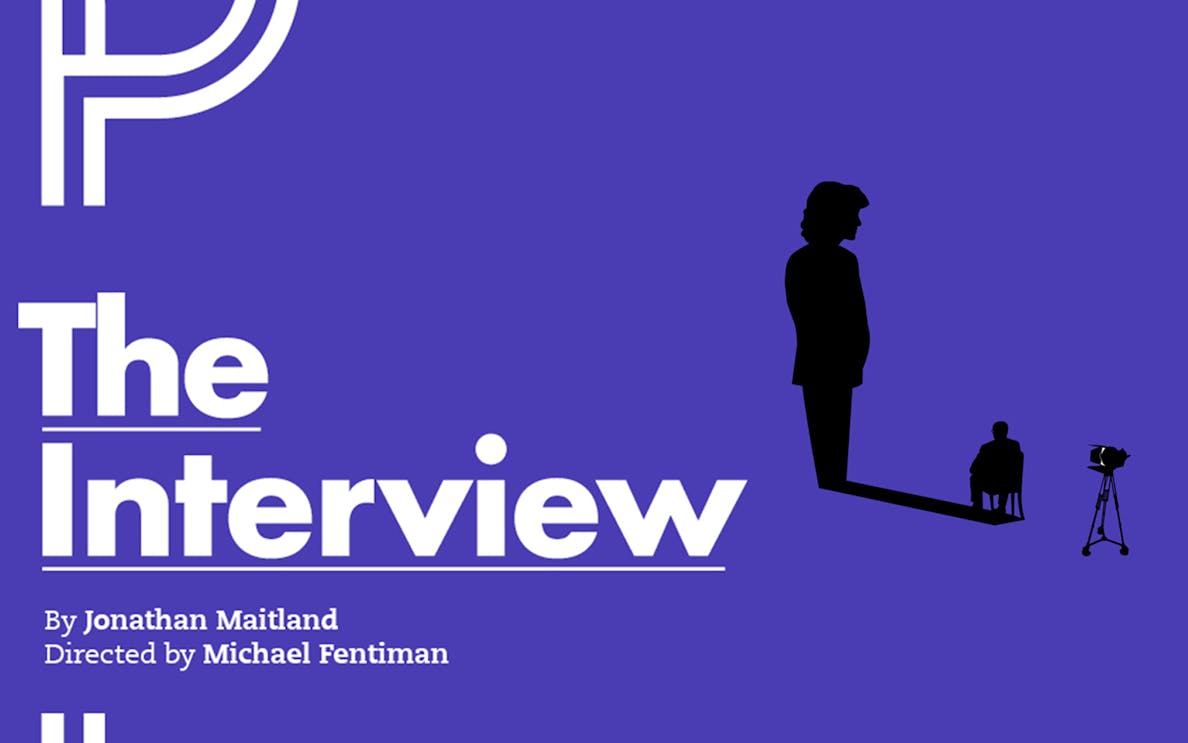 The Interview" play poster with silhouettes and camera.