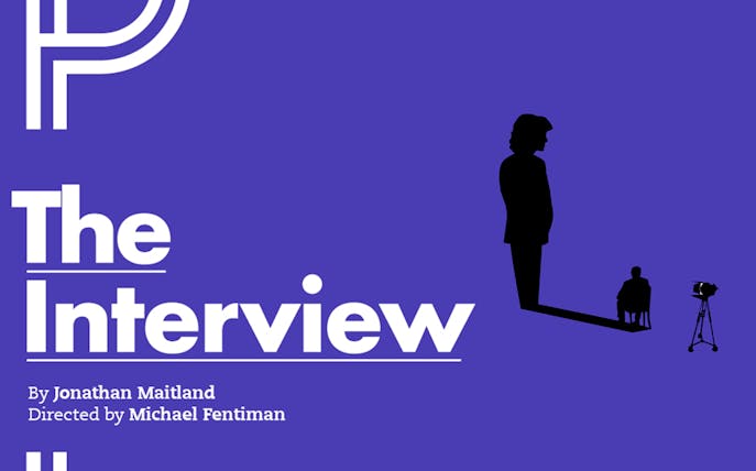 The Interview" play poster with silhouettes and camera.