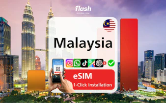 Malaysia eSIM with unlimited data, featuring Kuala Lumpur skyline and 1-click installation.