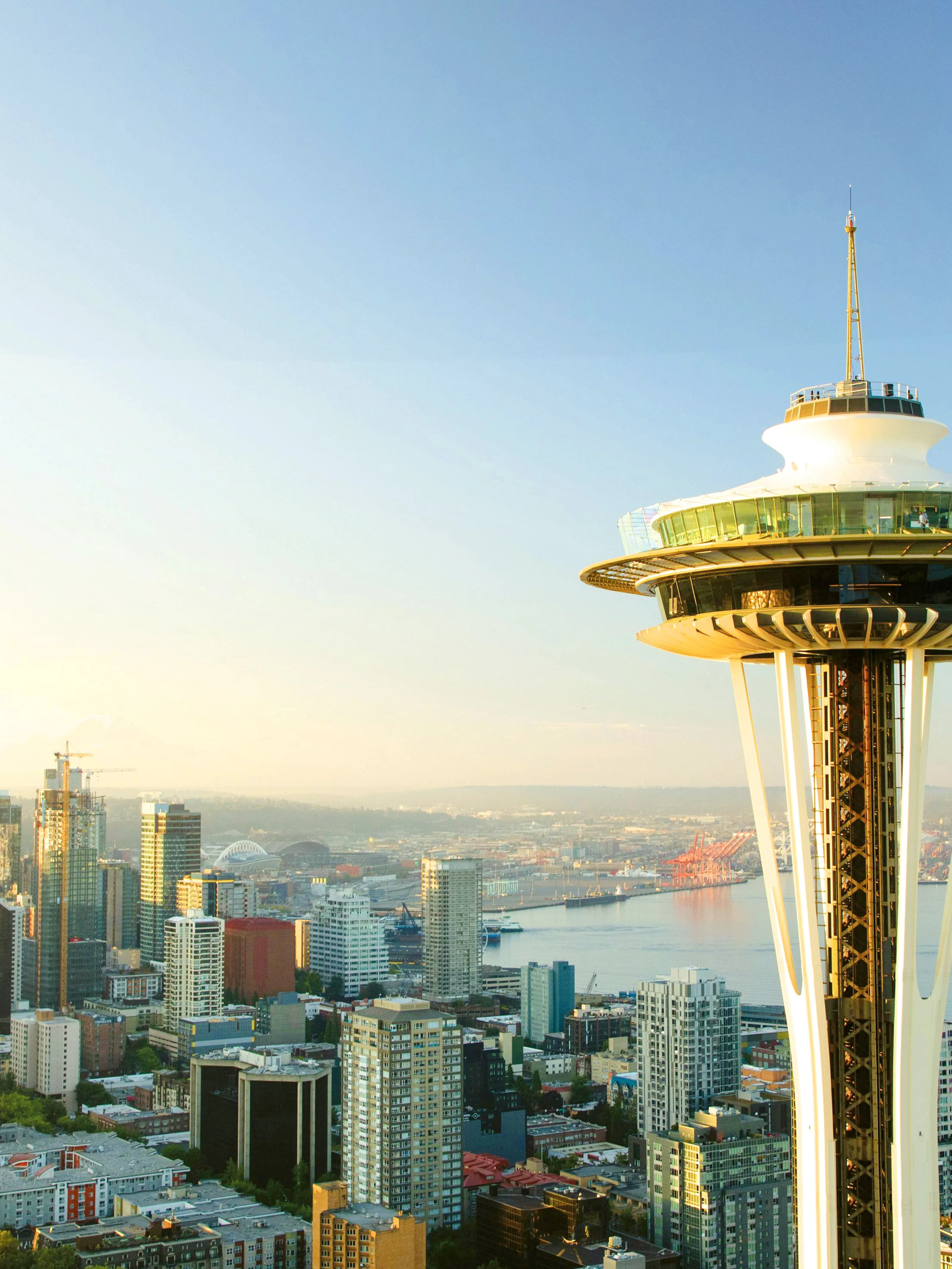 Space Needle overlooking downtown Seattle and Elliott Bay.