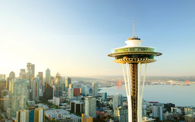 Space Needle overlooking downtown Seattle and Elliott Bay.