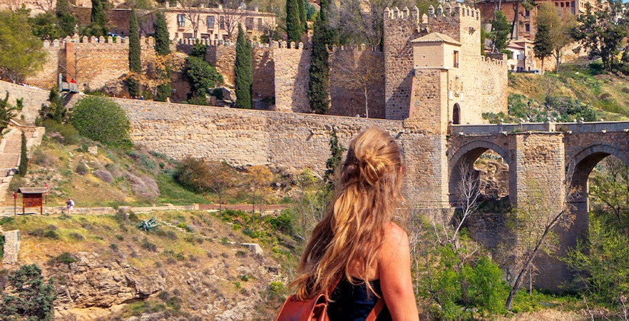 Toledo skyline with Alcázar and Tagus River, viewed from Madrid to Toledo tour.