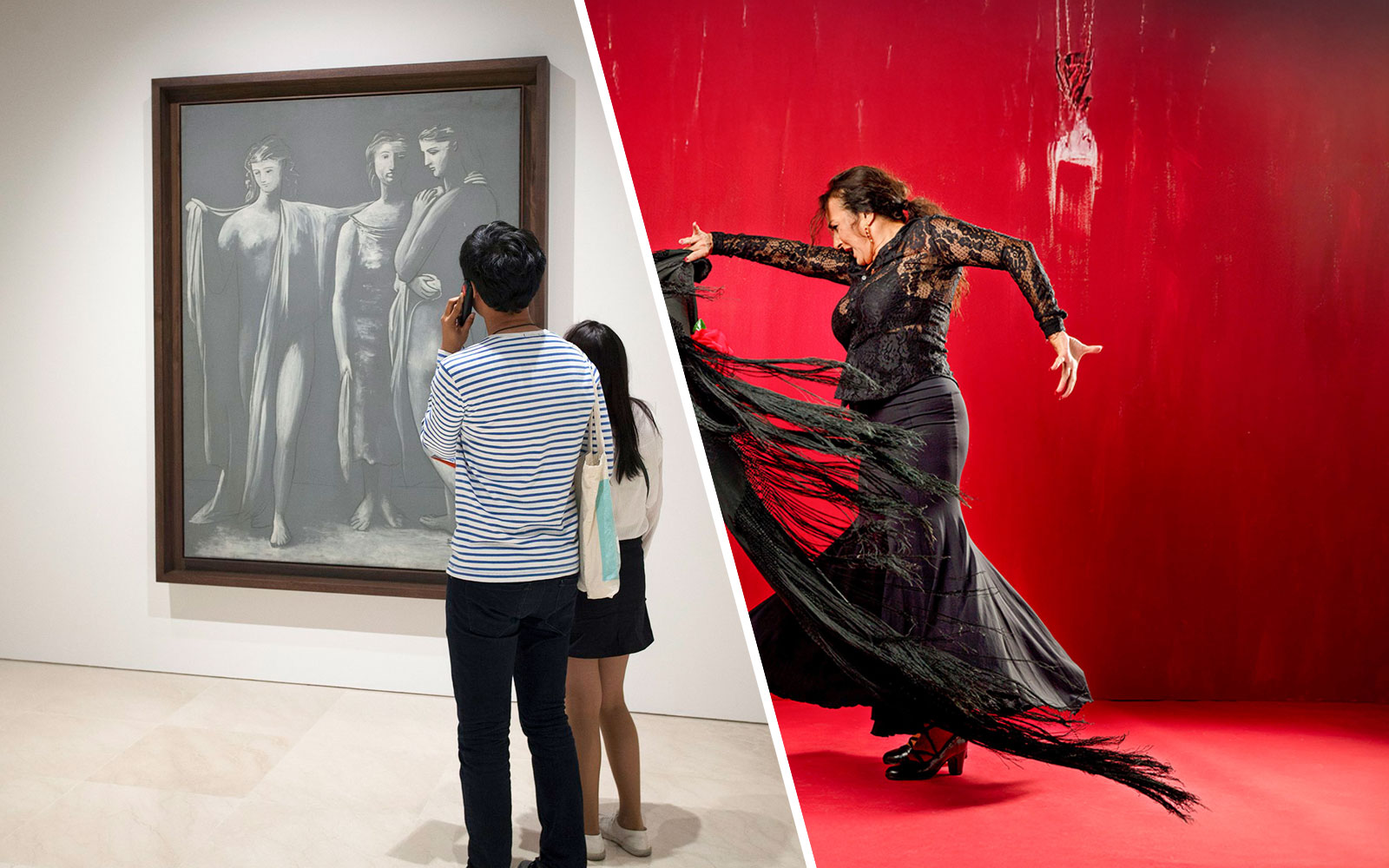 Visitor using audio guide in front of Picasso painting at Picasso Museum Malaga.