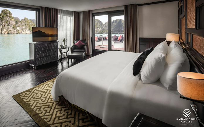 Luxury cabin with sea view on Ha Long Bay 5-Star Ambassador Cruise.