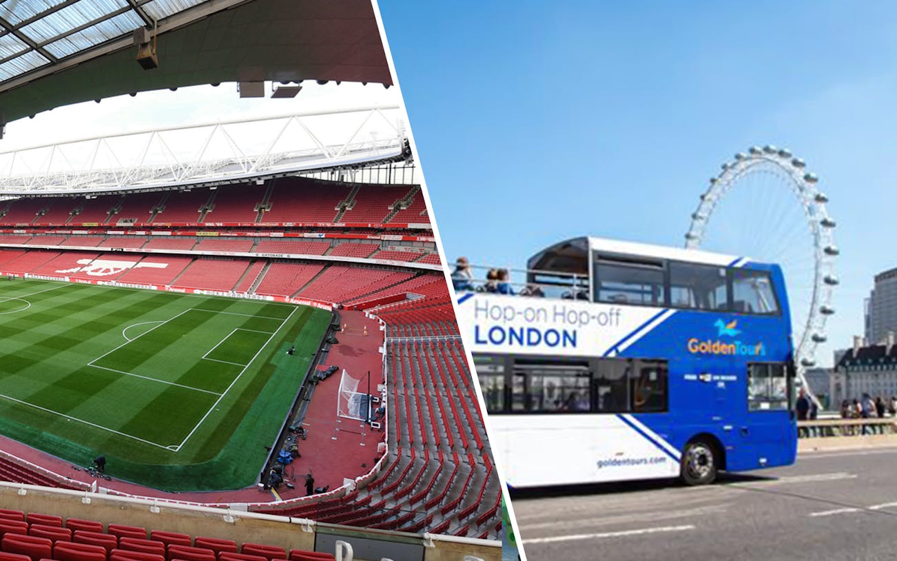 Arsenal FC Emirates Stadium and London hop-on hop-off bus with London Eye in background.