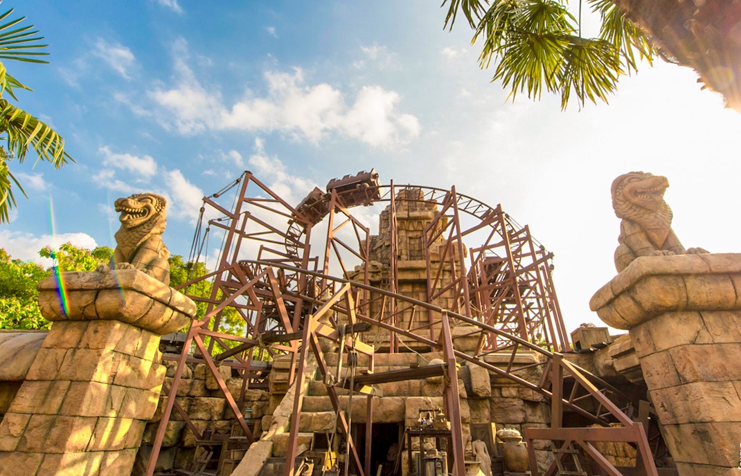 Temple of Peril roller coaster with Indiana Jones theme at Adventureland, Disneyland Paris.