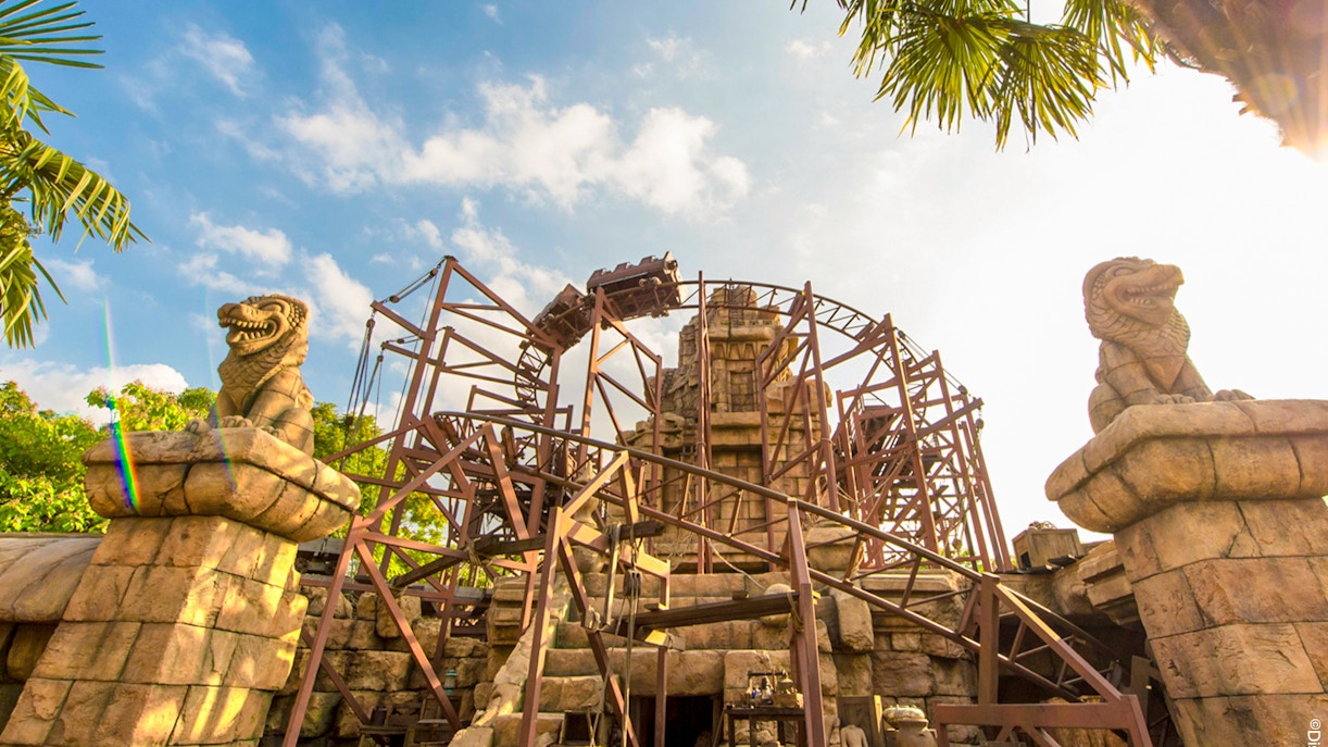 Temple of Peril roller coaster with Indiana Jones theme at Adventureland, Disneyland Paris.