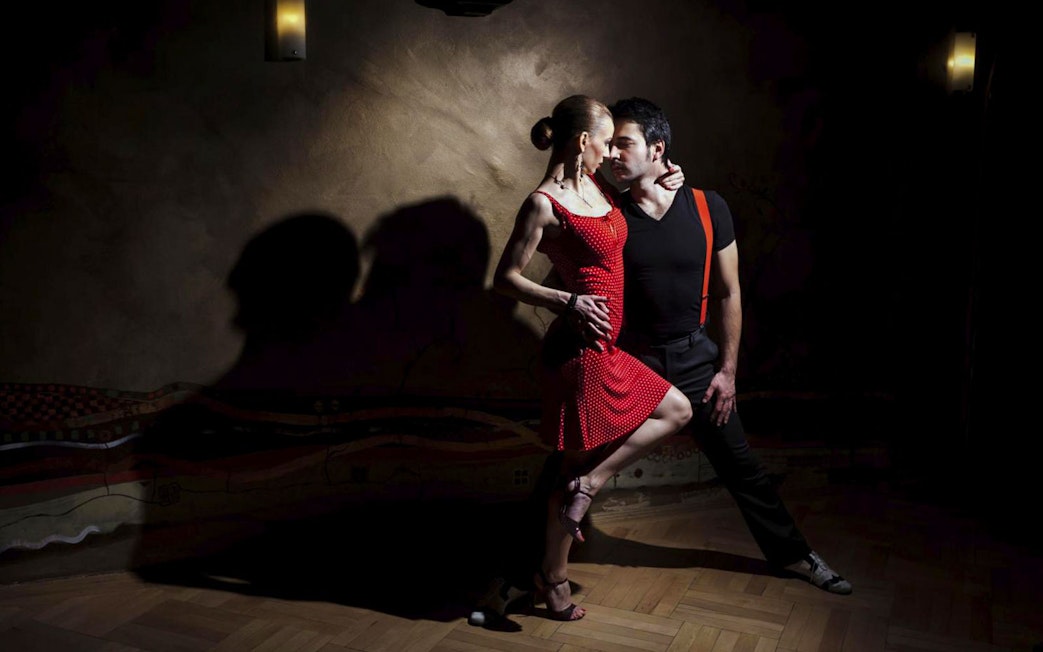 Dancers performing at Piazzolla Tango Show in Buenos Aires.