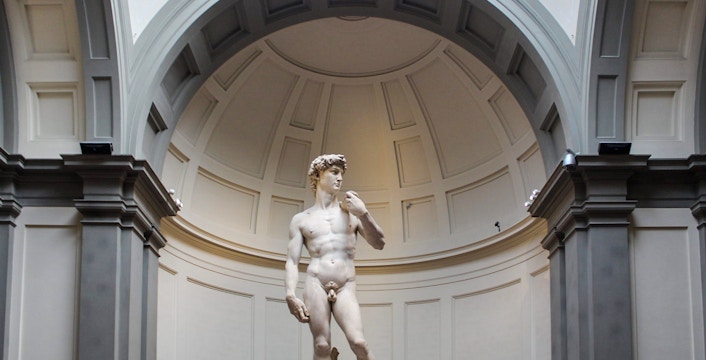 Michelangelo's David statue in Accademia Gallery, Florence.