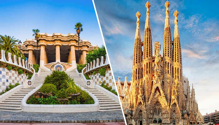 Park Güell mosaic benches and Sagrada Familia spires in Barcelona guided tour.