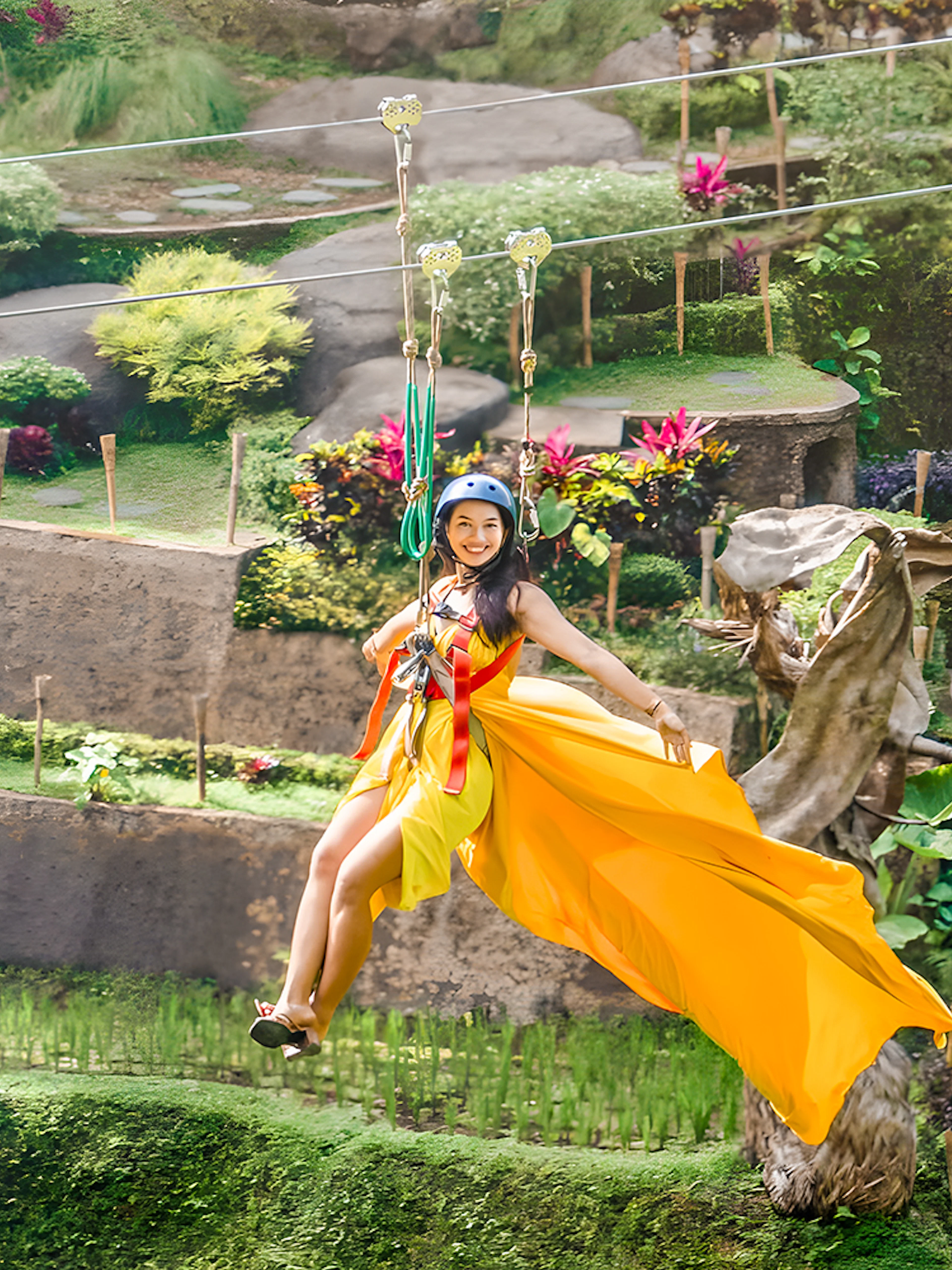 Lady ziplining at Alas Harum, Bali, surrounded by lush greenery.