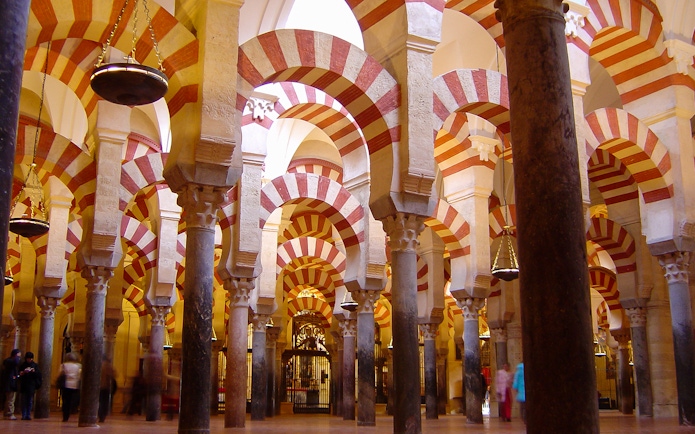 Arched columns inside the Cordoba Mosque-Cathedral, Spain.