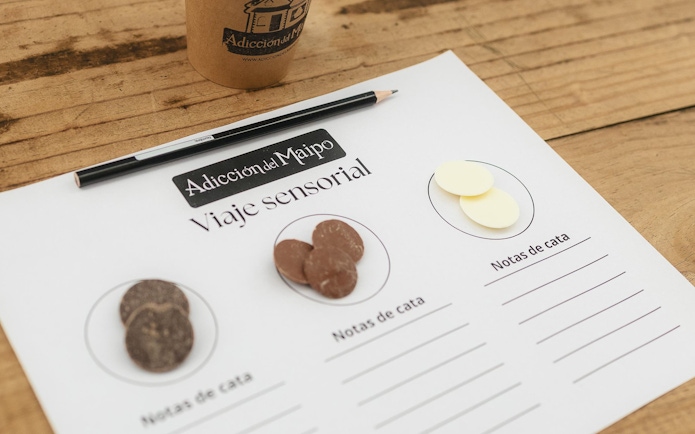 Tasting notes sheet with chocolate samples during El Yeso Reservoir & Santuario del Río Spa tour.