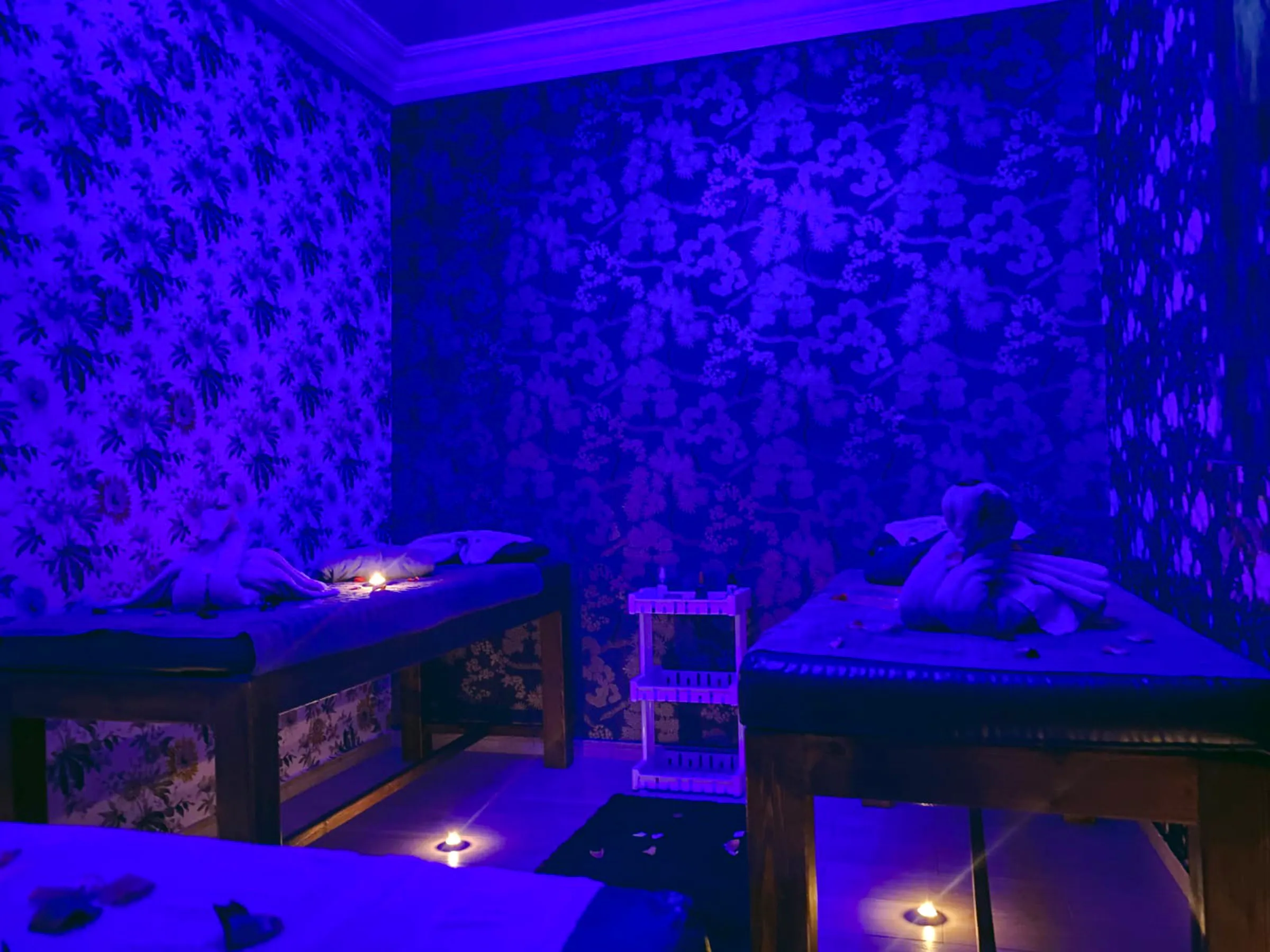 Traditional hammam and massage room with dim lighting in Agadir.