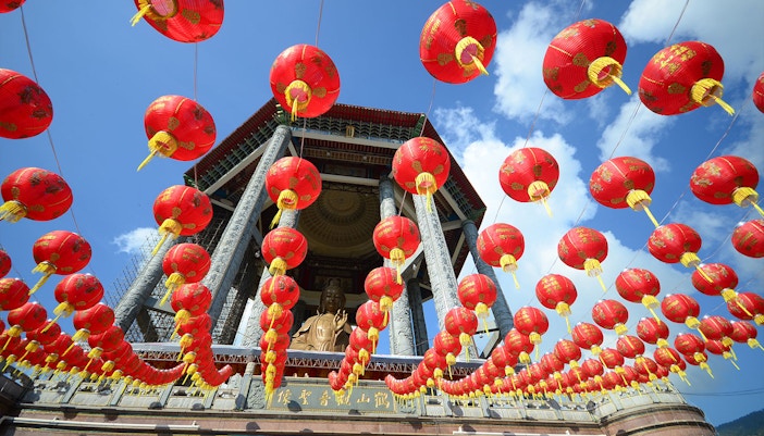 Ant's Eye View of red lamps hanging from the poles in Chinatown, Singapore